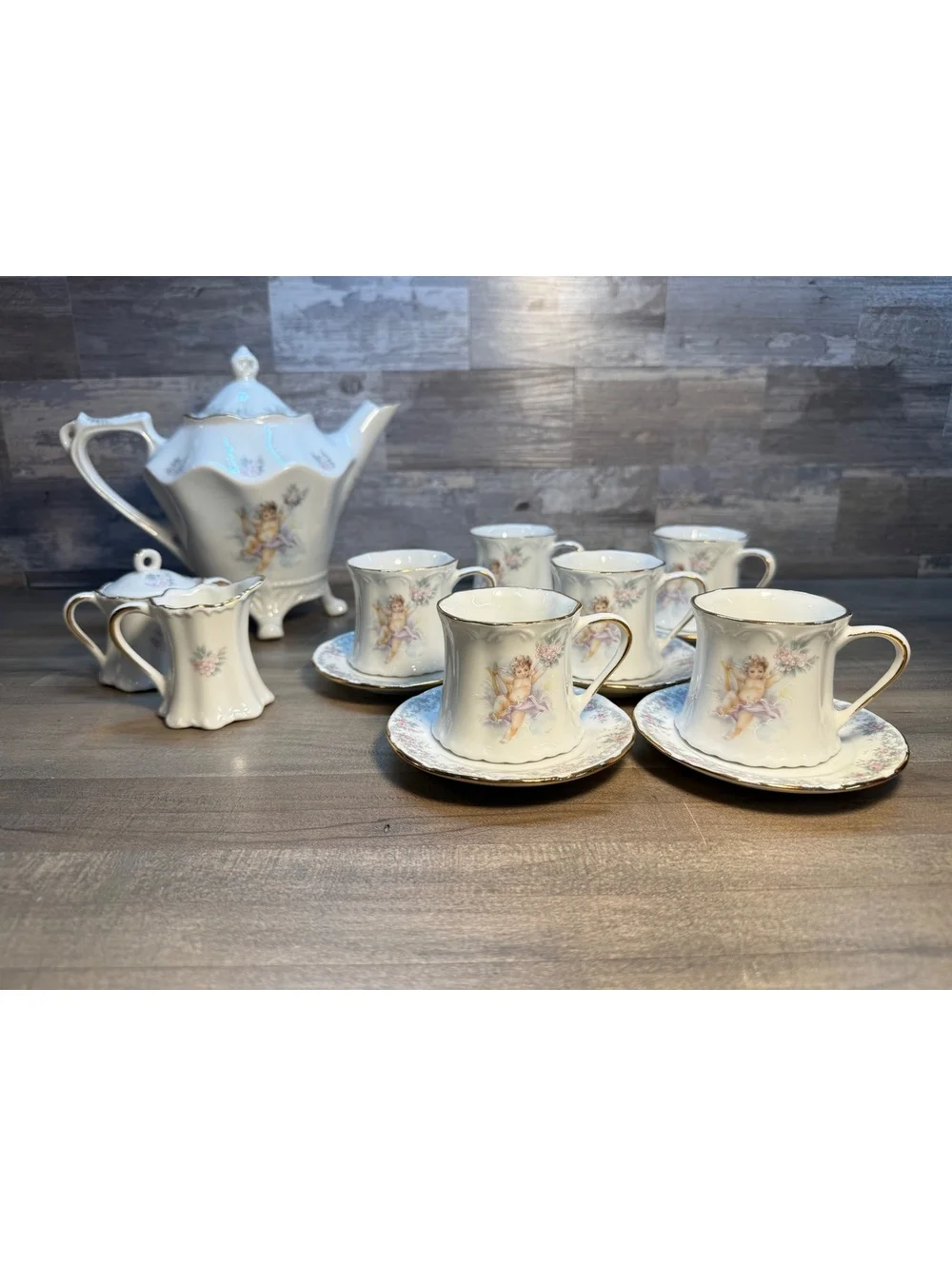 Touch of Cajun Cherub Floral Tea Set 6 Cups Saucers Teapot Sugar Bowl Creamer